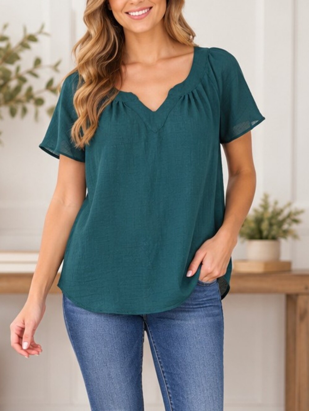Sami & Jo Teal Green Short Sleeve V-Notch Blouse Size Large